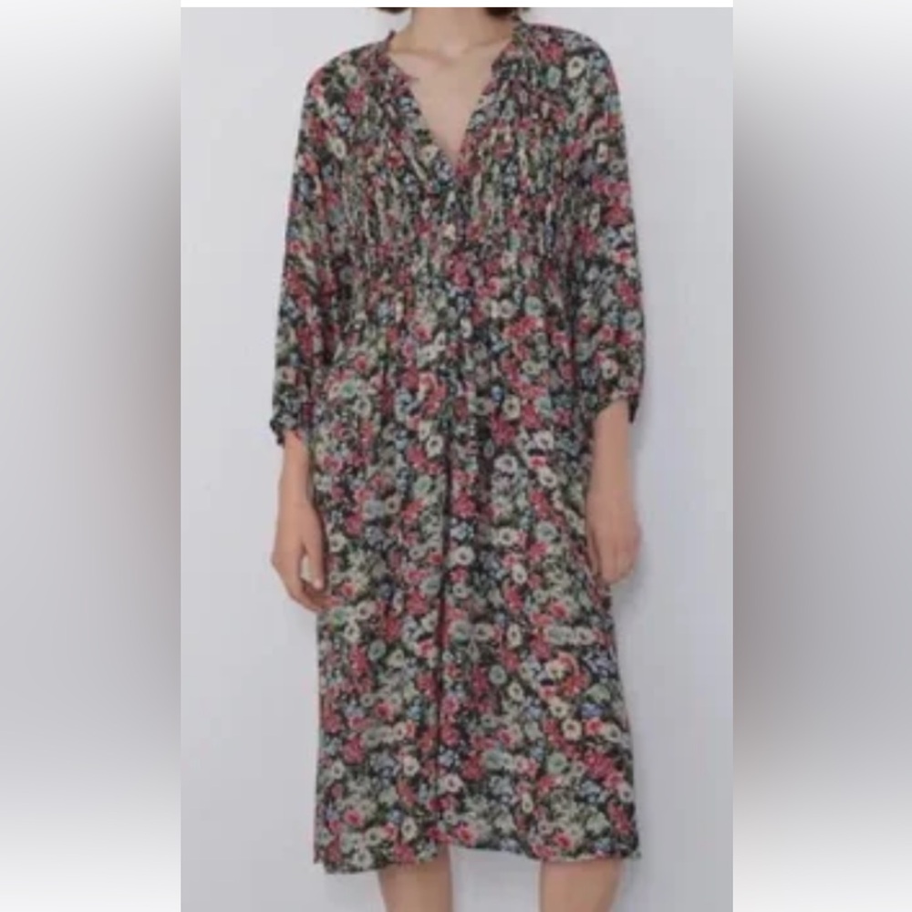 Zara Women's Pink Green Pleated Sundress Bishop Sleeves Floral V neck‎ Flowy Tie